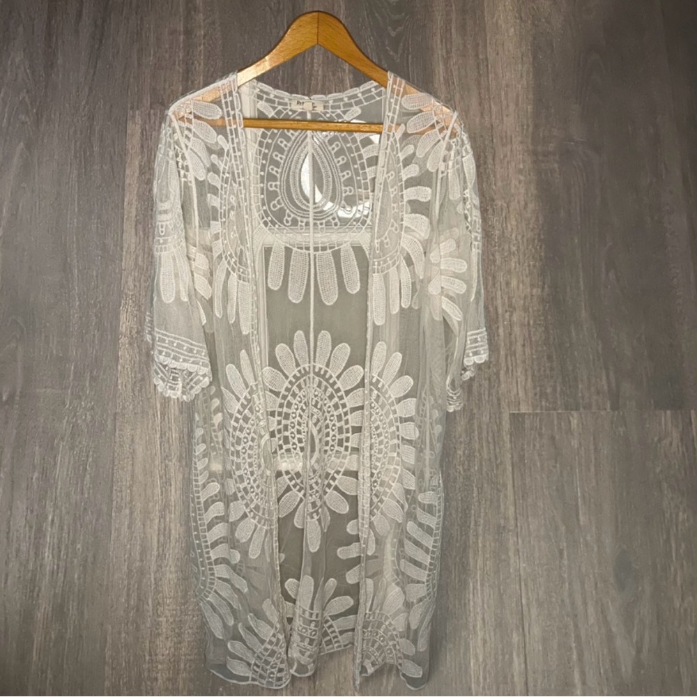 Rebellion Again Sheer Lace Kimono Medium Boho Duster Cover Up